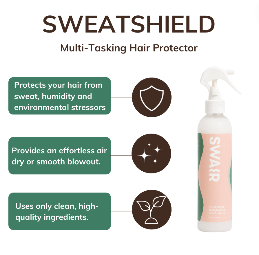 graphic showing the benefits of SweatShield leave-in conditioner
