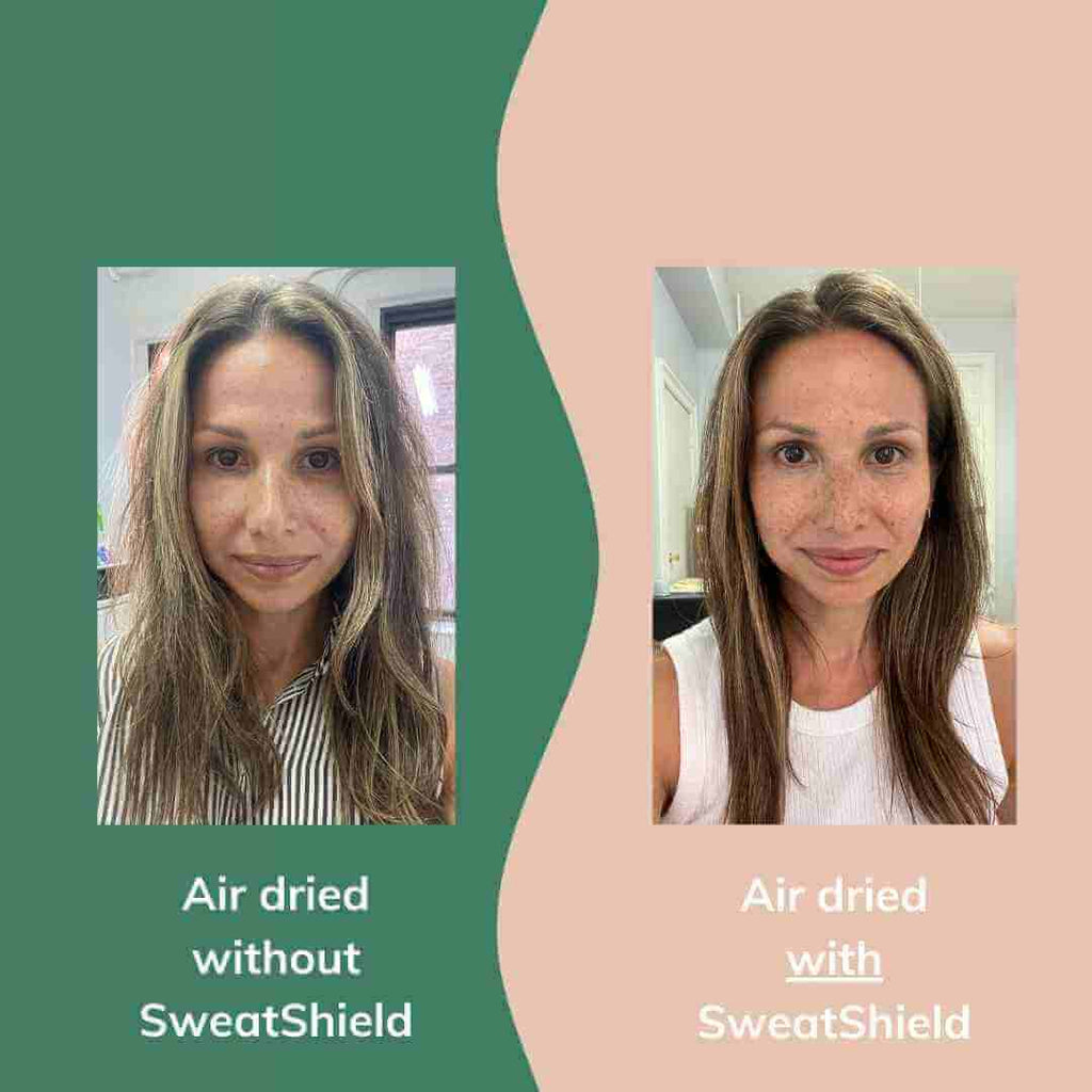 Before and after image of a woman using SweatShield Leave-In conditioner