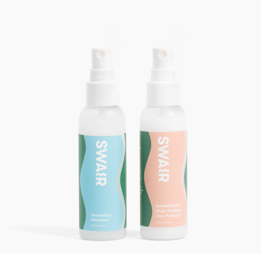 travel size Showerless Shampoo bottle and travel size SweatShield bottle